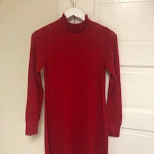 LOFT Red Ruffle Neck Pointelle Sweater Dress